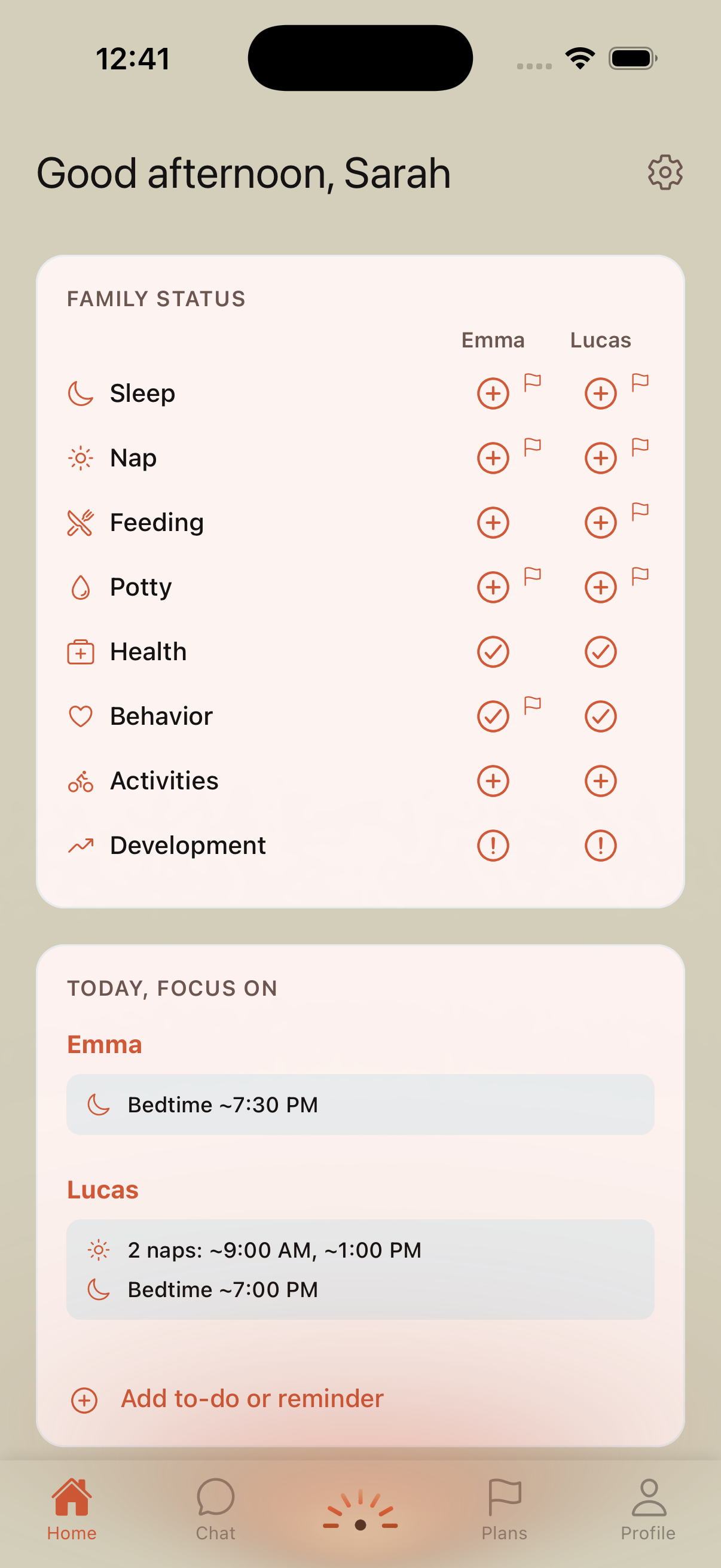 Dormie app home screen showing family status and today's focus